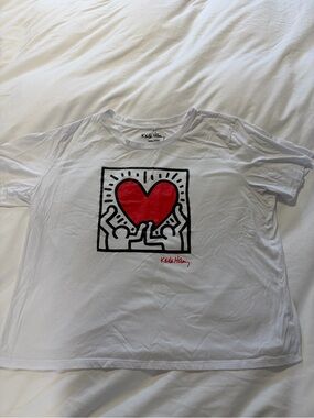 Keith Haring White Short Sleeve Tee with Red Heart Graphic